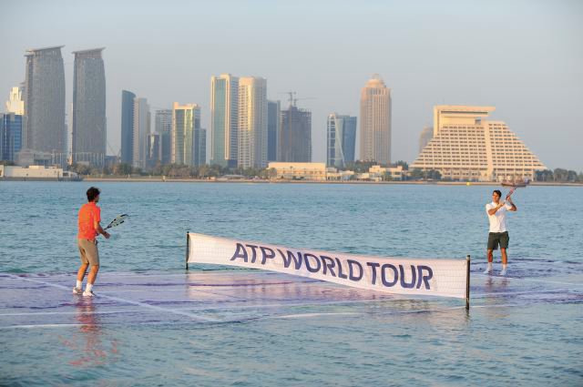 Nadal and Federer playing tennis on a submerged court on Doha Bay (Photo: Wired)