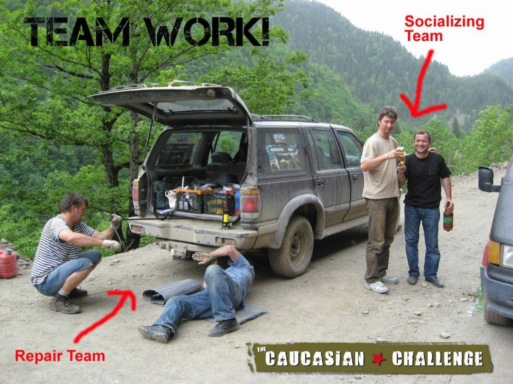 You could fix the car at the side of the road... or drink with the locals (photo by Caucasian Challenge)