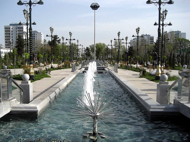 Fountains run right up the median of this boulevard in central Ashgabat,